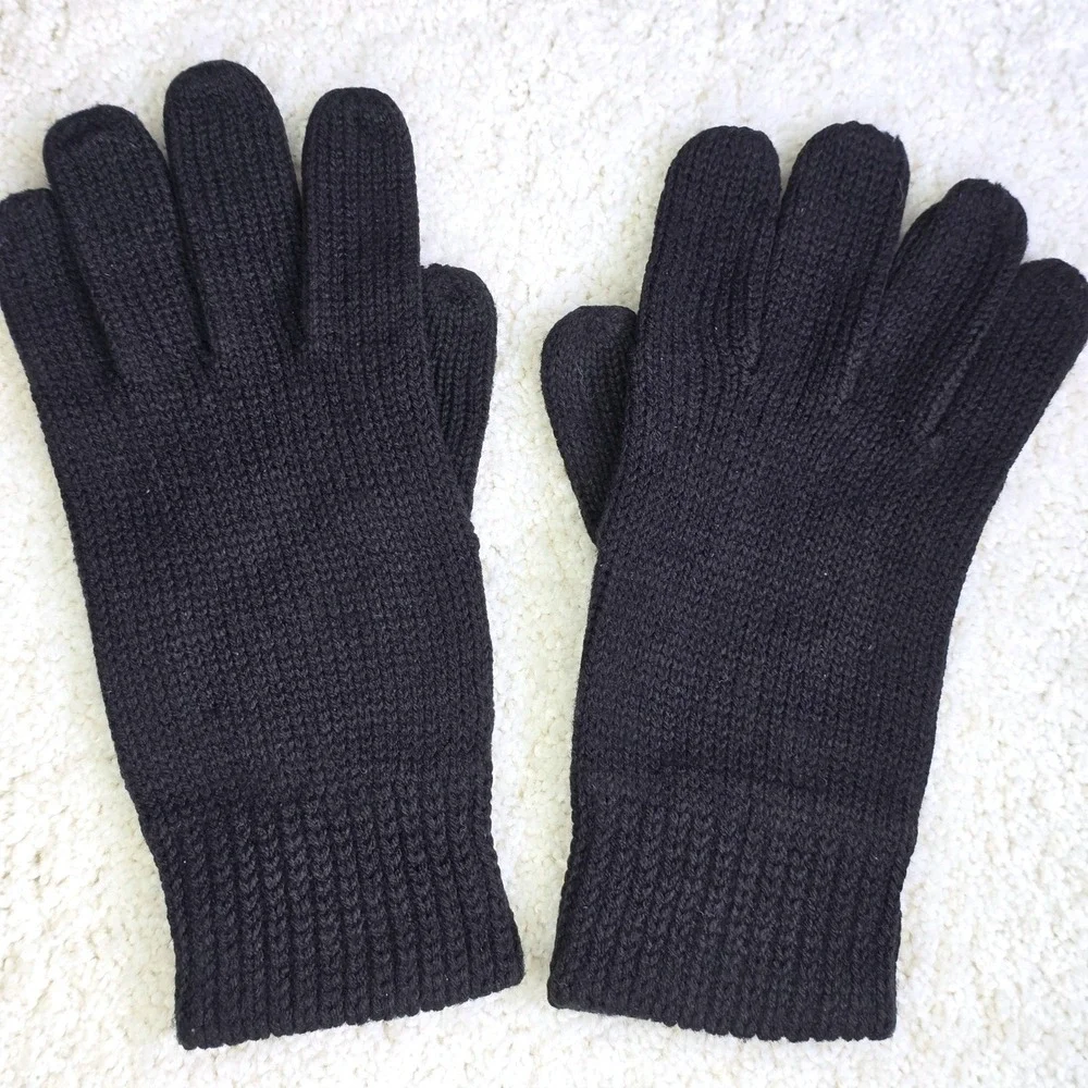 Vintage Womens Size OS Knit Gloves Black Solid Ribbed Cuff Warm Winter Classic